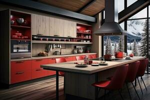 modern trä och röd kök professionell reklam fotografi ai genererad foto