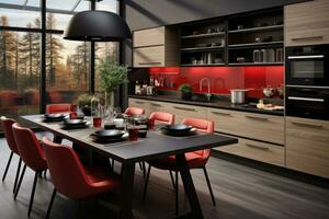 modern trä och röd kök professionell reklam fotografi ai genererad foto