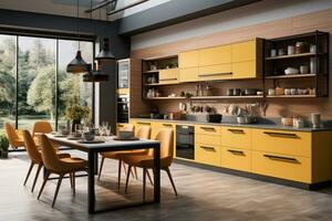 modern trä och gul kök professionell reklam fotografi ai genererad foto