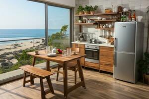 inuti kök i de minimalistisk strand värdshus professionell reklam fotografi ai genererad foto