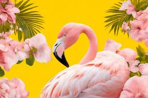 öga fångst rosa flamingo i gul miljö, ai genererad foto