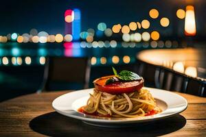 en tallrik av spaghetti med tomat och basilika på en trä- tabell. ai-genererad foto
