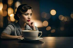 en kvinna Sammanträde på en tabell med en kopp av kaffe. ai-genererad foto