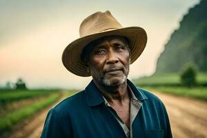 ett afrikansk man i en hatt stående i en fält. ai-genererad foto