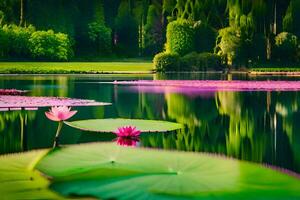 rosa lotus blomma i de vatten med grön löv. ai-genererad foto