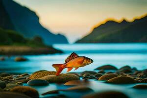 en fisk är stående på stenar i de vatten. ai-genererad foto