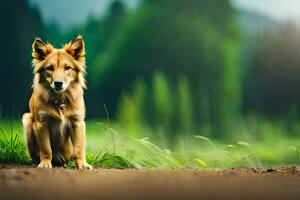 en hund Sammanträde på de jord i främre av en grön skog. ai-genererad foto