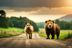 två brun björnar gående ner en väg. ai-genererad foto