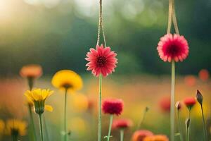 blommor hängande från en sträng i en fält. ai-genererad foto