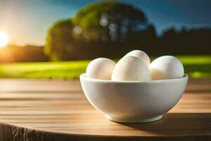 vit ägg i en skål på en tabell. ai-genererad foto