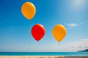 hisnande tropisk strand med färgrik ballonger mot en blå himmel, ai genererad foto