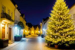 förtjusande jul träd dekoration på en festlig natt gata Semester lampor, ai genererad foto