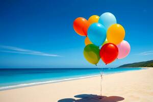 lugn förbi de hav, minimal strand, färgrik ballonger, och blå himmel, ai genererad foto