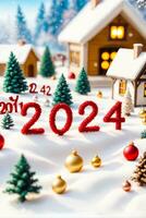 förtjusande vinter- miniatyr, glad jul 2024 ny år glädje, ai genererad foto