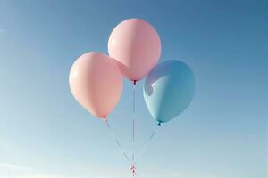 lugn pastell ballonger drivande i en minimalistisk blå himmel, ai genererad foto
