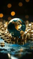 invecklad global företag begrepp glas värld boll, guld mynt, och Bank motbok i stänga upp vertikal mobil tapet ai genererad foto