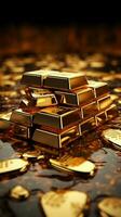 rikedom och Framgång avbildad förbi global investering i 3d guld barer vertikal mobil tapet ai genererad foto