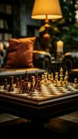 schack match tar plats inomhus, var bekvämlighet möter strategi på en soffa vertikal mobil tapet ai genererad foto