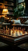schack match tar plats inomhus, var bekvämlighet möter strategi på en soffa vertikal mobil tapet ai genererad foto