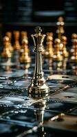 schackbräde värdar guld och silver- bitar, symboliserar ledarskap begrepp i företag vertikal mobil tapet ai genererad foto