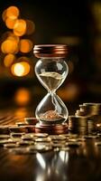 mynt och ett timglas konfrontera de affärsman, betecknar fiskal tid förvaltning vertikal mobil tapet ai genererad foto