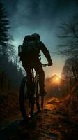 avkopplande cykel rida under de mörk natt himmel, en fredlig kväll vertikal mobil tapet ai genererad foto