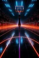 energisk sida vinkel 3d tolkning avslöjar en neon basketboll fält dynamisk layout vertikal mobil tapet ai genererad foto