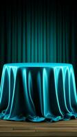 runda tabell med blå tyg bordsduk, matchande bakgrund, och sticka gardiner vertikal mobil tapet ai genererad foto