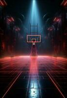 dynamisk 3d framställa neon belyst basketboll domstol från en spännande sida perspektiv vertikal mobil tapet ai genererad foto