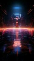 dynamisk 3d framställa neon belyst basketboll domstol från en spännande sida perspektiv vertikal mobil tapet ai genererad foto