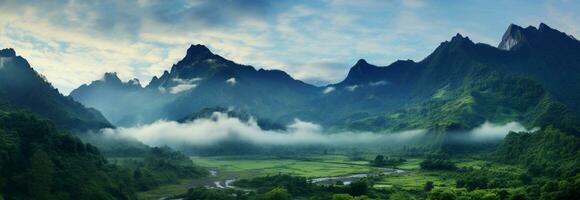 dimma kysste berg toppar stiga ovan frodig, grön sluttningar i lugn panorama ai genererad foto