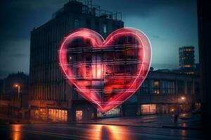 stadsbild med en lysande röd hjärta neon tecken, symboliserar kärlek och samhörighet ai genererad foto