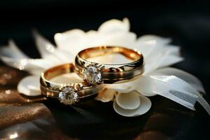 närbild Foto av bröllop ringar i silver- och guld, omgiven förbi bländande bokeh ai genererad