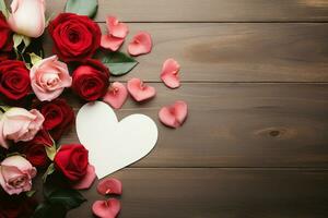 platt lägga falsk upp skön rosor, hjärta former, och ett tömma kort på en trä- tabell ai genererad foto