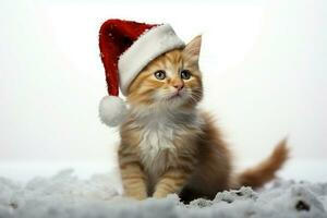 festlig ingefära kattunge bär santa hatt, en snöig bakgrund accentuera dess söthet ai genererad foto