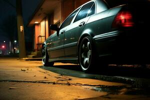 nattetid scen en parkerad bil fångad upp stänga på en tyst gata ai genererad foto