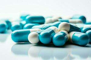 lugg av blå och vit piller isolerat på vit, representerar global sjukvård ai genererad foto