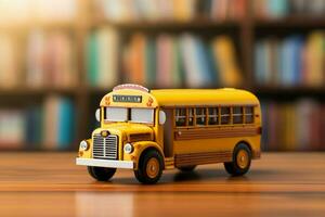 en mycket liten skola buss modell placerad på en trä- yta, representerar inlärning och resa ai genererad foto