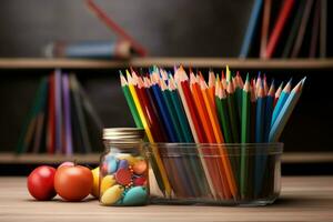 tillbaka till skola barn kreativ skrivbord med konst leveranser och vattenfärg pennor ai genererad foto