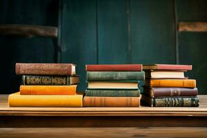 böcker för förståelse perspektiv visas på en rustik trä- klassrum disken ai genererad foto
