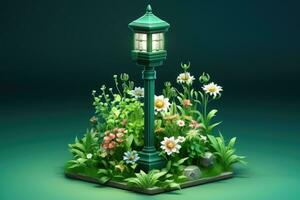 mycket liten söt isometrisk trädgård lampa posta mjuk slät belysning ai genererad foto