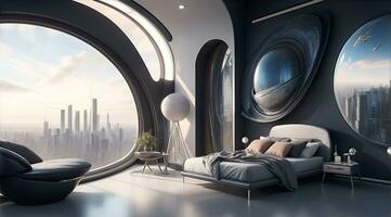 trogen hög tech lyx cyberpunk sci fi levande rum modern interiör sovrum, ai generativ foto