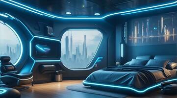 trogen hög tech lyx cyberpunk sci fi levande rum modern interiör sovrum, ai generativ foto