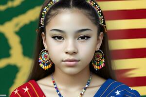 skön latinamerikan arv flicka, fira kultur kvinna traditionell klänning med smink, ai generativ foto