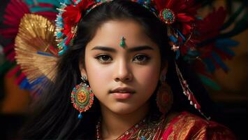 skön latinamerikan arv flicka, fira kultur kvinna traditionell klänning med smink, ai generativ foto