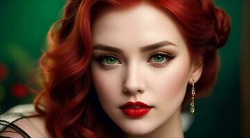 närbild kort attraktiv ung skön flicka röd mun hår, grön ögon, ai generativ foto