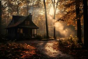 soluppgång över en skog landskap med höst lövverk ai generativ foto