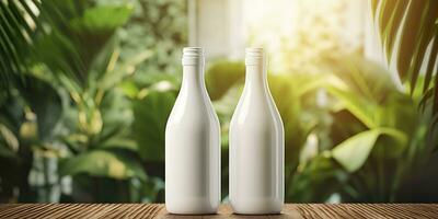 vit tom två flaska attrapp med naturlig tema bakgrund. ai generativ foto