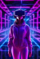 en ung asiatisk kvinna är använder sig av en virtuell verklighet headset. neon ljus studio porträtt. begrepp av virtuell verklighet, simulering, spel, och framtida teknologi. ai generativ foto