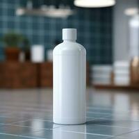 en vit flaska av schampo står på de tabell i badrum. ai generativ foto